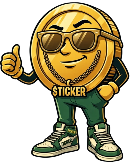 The $TICKER, a gold coin with sunglasses and a chain, giving a thumbs up